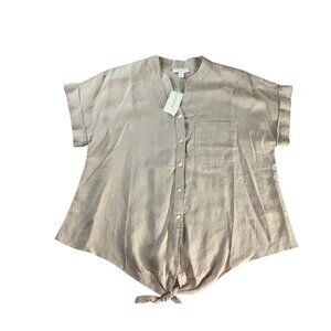 Charter Club Women's Flax Button Front Tie Hem Shirt Size S Collarless‎